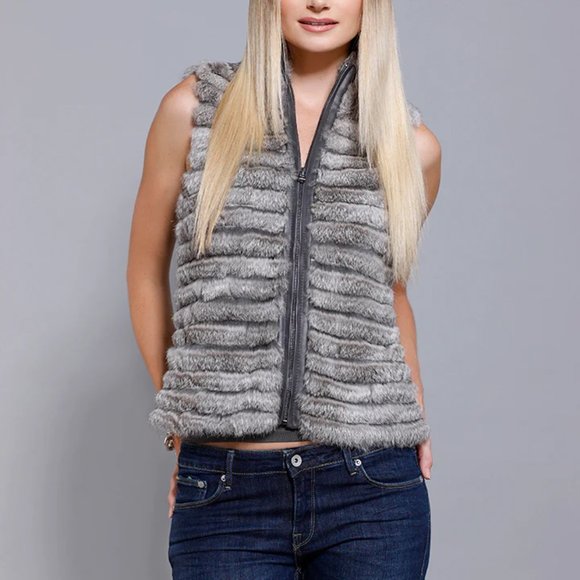 DOLCE CABO Women's Beige Grooved Rabbit Fur Zip Vest L - Picture 2 of 6